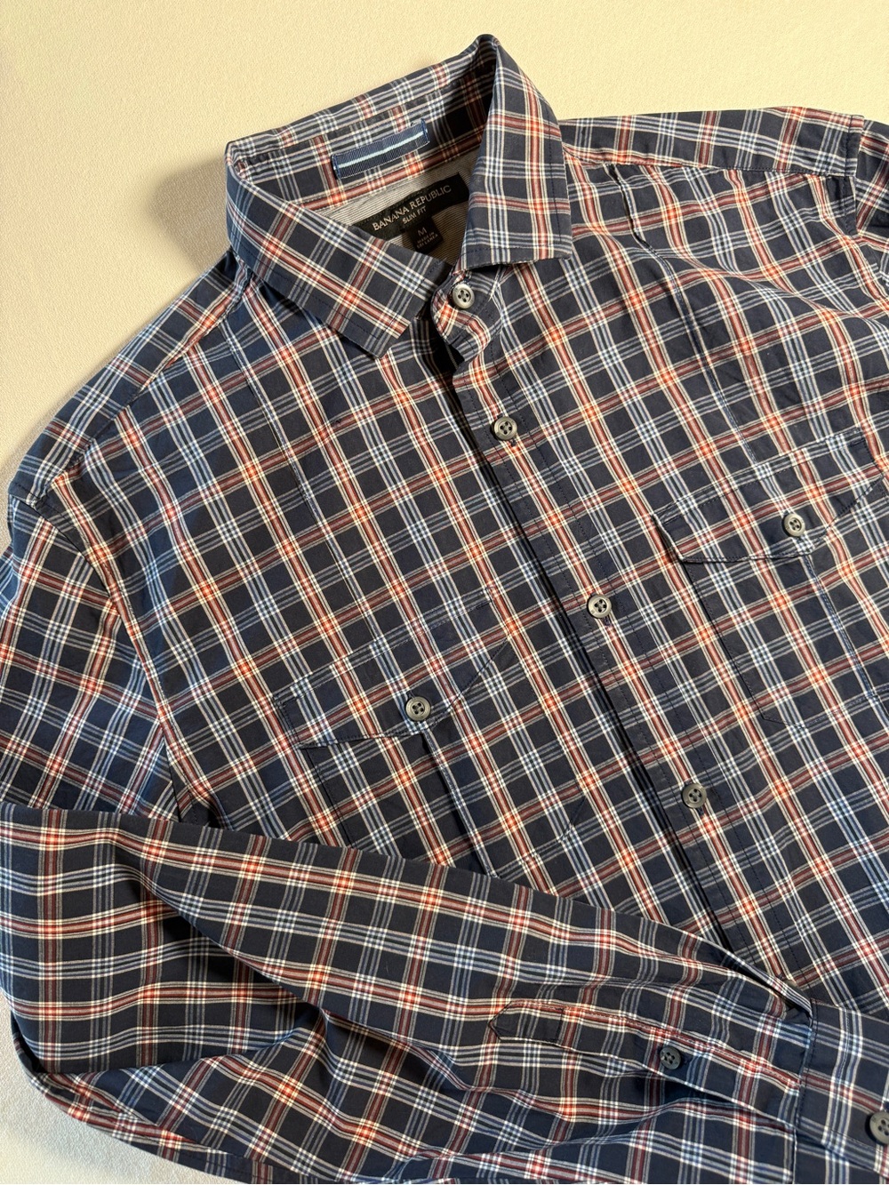 Banana Republic Navy Plaid Button-Down Shirt with Red and White Accents Slim Fit